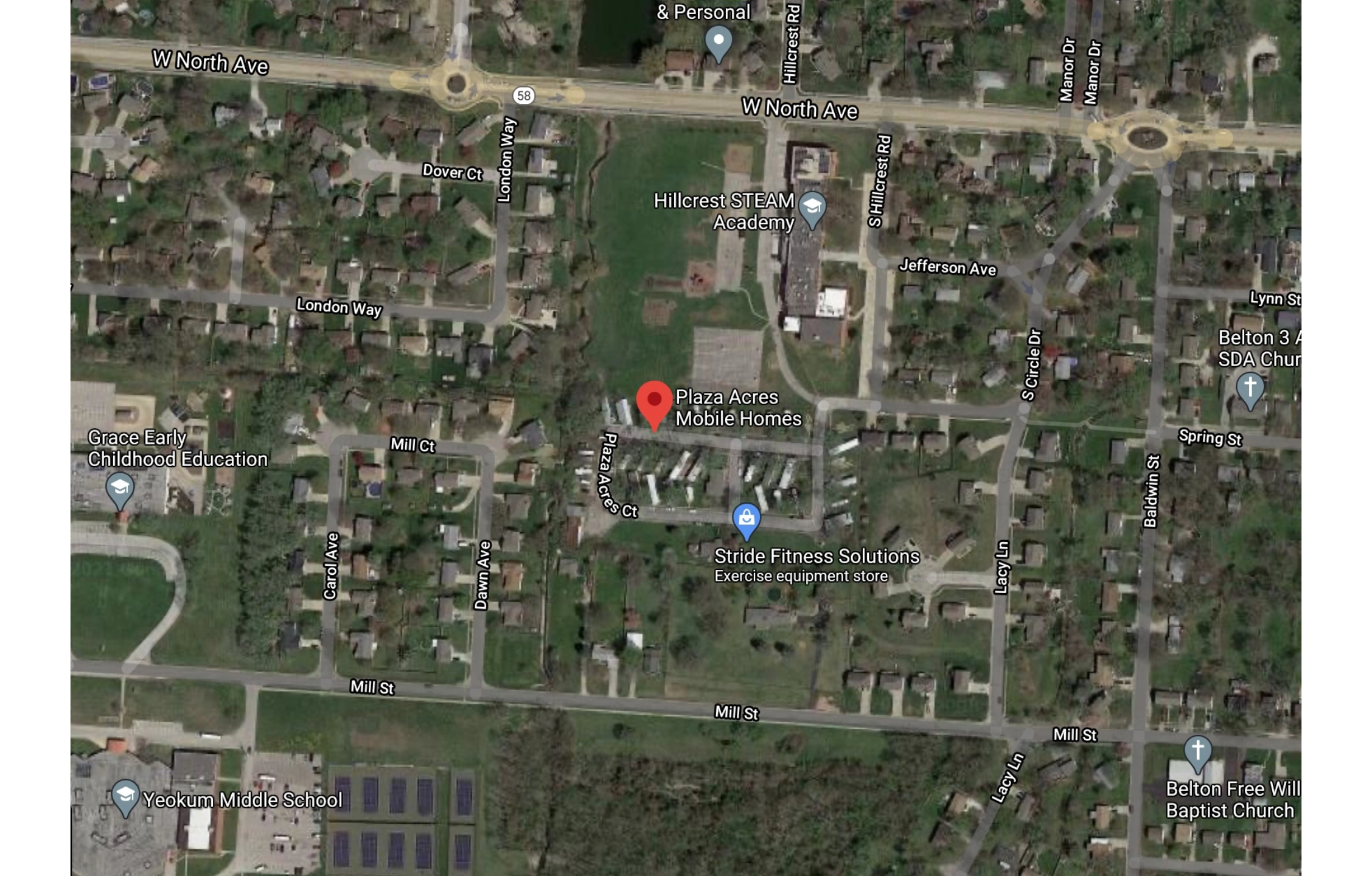 Map showing Plaza Acres Mobile Homes location in Belton, MO